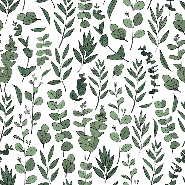 Patrón sin costuras de verde de hojas y ramas de eucalipto Fondo verde Diferentes formas de