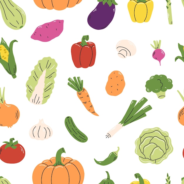 Patrón sin costuras con verduras en fondo blanco Vegetales vectorial Fondo de ilustración