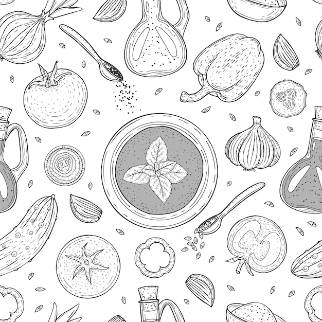 Patrón sin costuras con verduras ingredientes para sopa tomate albahaca ajo pimienta vector ilustración doodle contorno monocromo