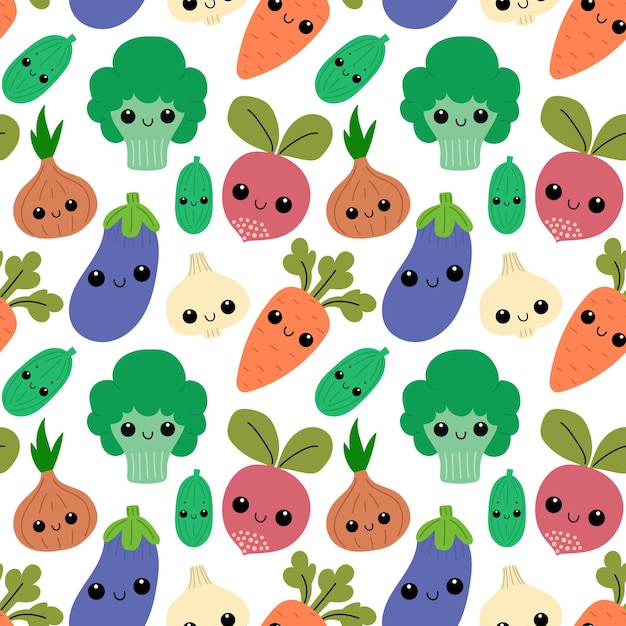 Patrón sin costuras con verduras lindas Kawaii verduras de fondo