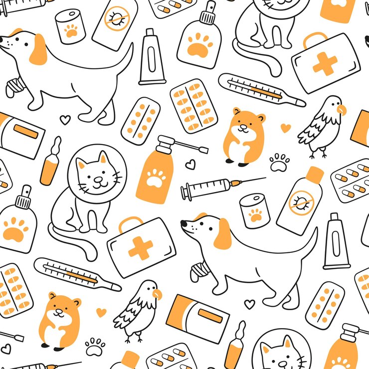 Vector patrón sin costuras veterinaria con mascotas, medicamentos y alimentos
