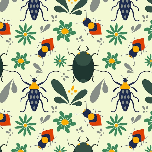 Patrón sin costuras vibrante con insectos lindos escarabajos con naturaleza floral
