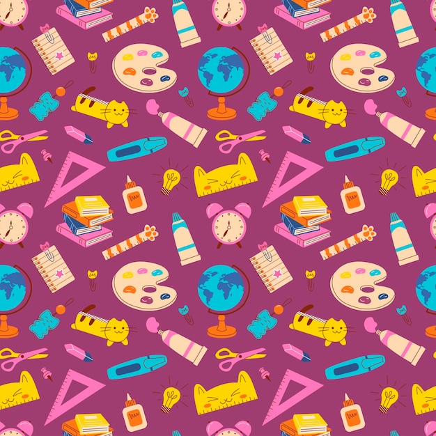 Patrón sin costuras vibrante con suministros escolares como globos, libros, reglas, paletas y tijeras en un fondo púrpura Ideal para textiles de papelería y fondos digitales Ilustración plana