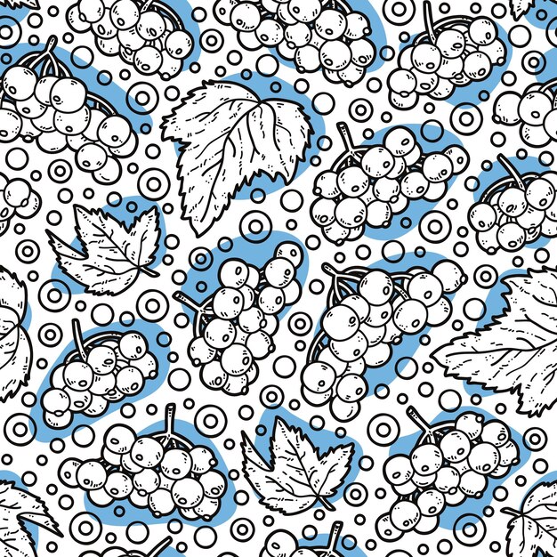 Patrón sin costuras con viburnum blanco y negro y hojas sobre un fondo azul