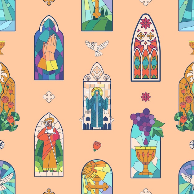 El patrón sin costuras de las vidrieras de la iglesia presenta un patrón repetitivo colorido perfecto para ocasiones religiosas