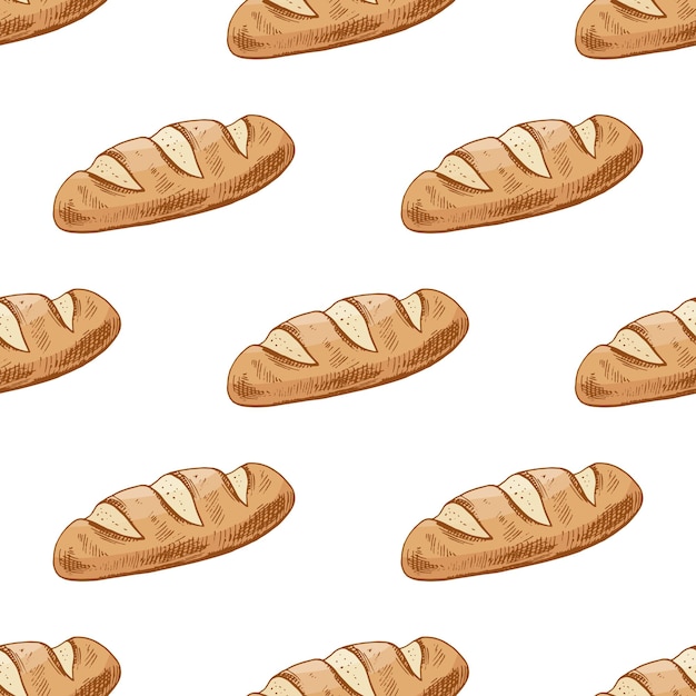 Patrón sin costuras vintage dibujado a mano de pan de baguette francés en estilo de boceto grabado en color