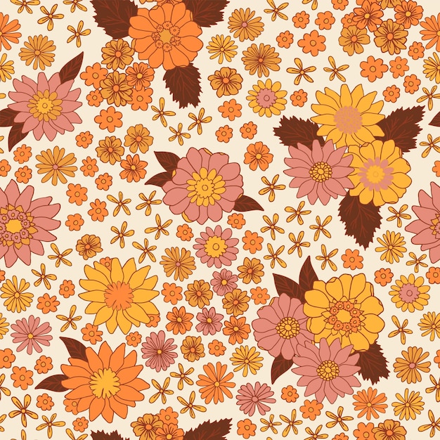 Patrón sin costuras vintage floral fondo vectorial Boho energía floral hippie impresión textil retro papel tapiz botánico groovy