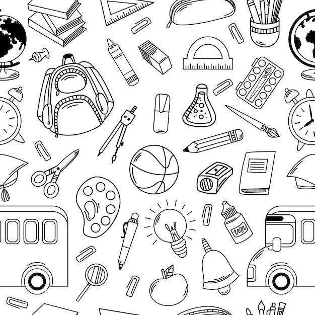 Patrón sin costuras de vuelta a la escuela diferentes suministros para niños diseño lineal lindo sobre fondo blanco
