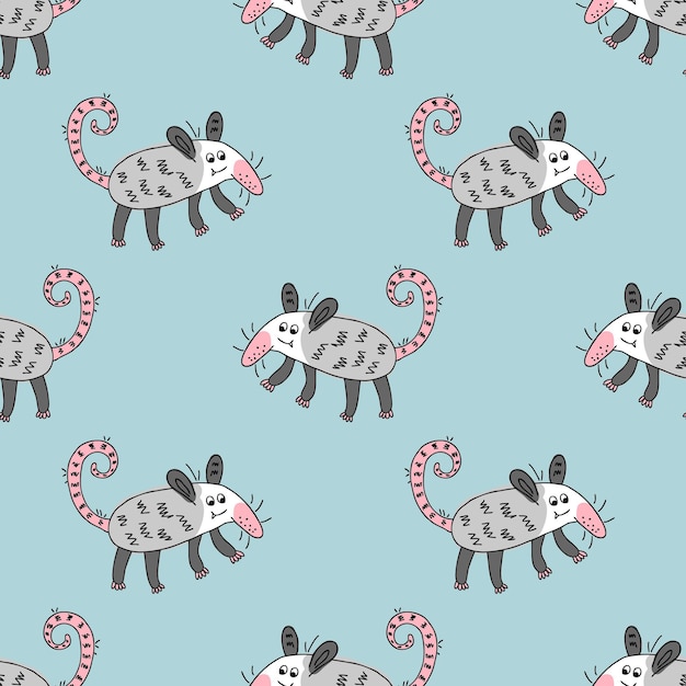 Vector patrón sin costuras de zarigüeya americana kawaii impresión perfecta para tee textil y tela doodle ilustración vectorial para decoración y diseño