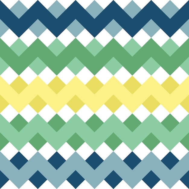 Patrón sin costuras en zigzag azul amarillo verde y blanco Fondo geométrico para folletos de negocios tarjetas plantillas de sitios web Mar playa verano diseño 70s motivo claro arte gráfico Ilustración vectorial