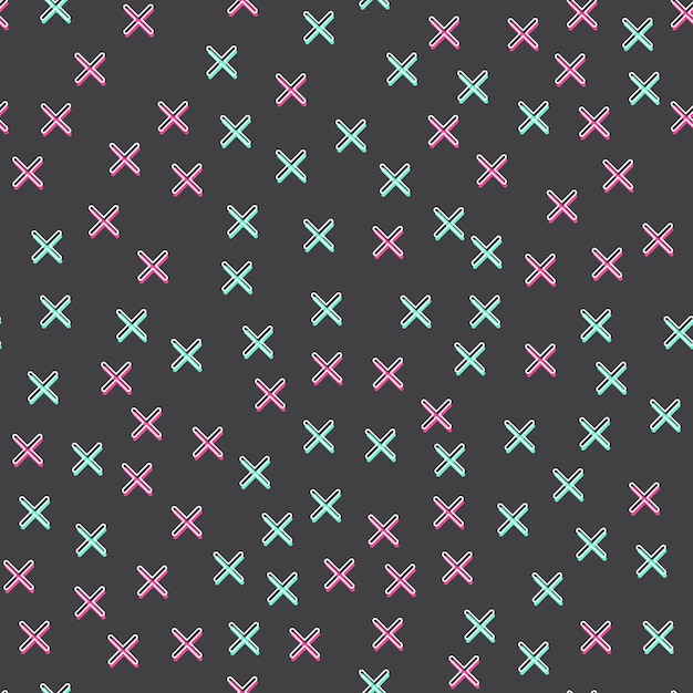 Patrón de cruces al azar, fondo geométrico abstracto en estilo retro de los años 80, 90. Ilustración geométrica colorida