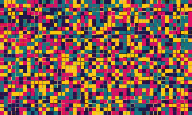 Vector patrón de cuadrícula geométrica con cubos texturizados y colores brillantes ideal para diseños mínimos de moda, estampas de tela o decoración de fondo