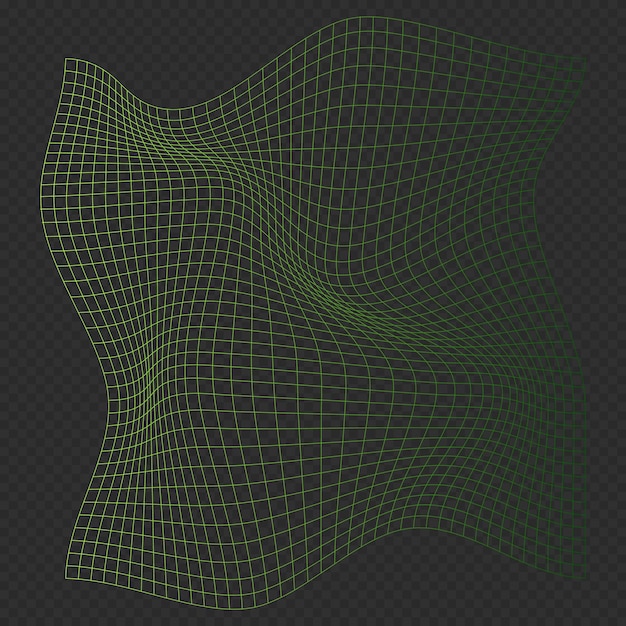 Patrón de cuadrícula de neón distorsionado Cuadrícula de geometría de onda de estructura metálica Textura de malla deformada Elementos de malla curva Ilustración vectorial