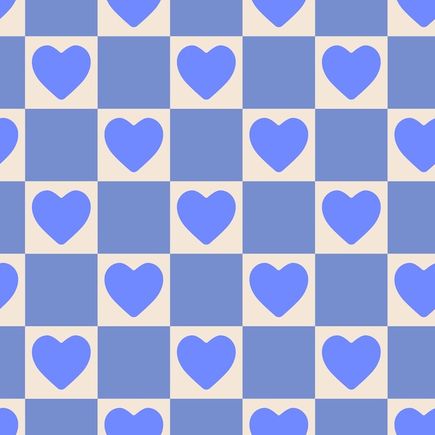 Patrón de cuadrícula vectorial sin costuras con corazones azules y cuadrados azules