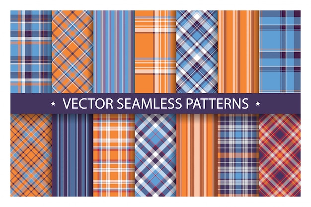 Patrón de cuadros sin costuras adornado. Establecer fondo de vector de color azul y naranja. Colección de texturas de tela.