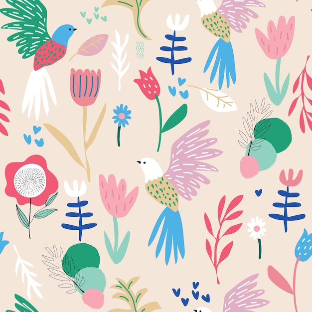 Patrón Cubierta Textura sin costuras Color rosa con pájaros y flores Patrón de verano Adecuado