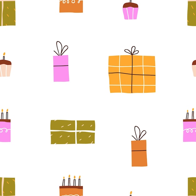 patrón de cumpleaños fondo de fiesta sin costuras cajas de regalos y velas en pasteles textura de vacaciones sin fin repetición de impresión regalos y cupcakes ilustración vectorial plana para envolver diseño textil