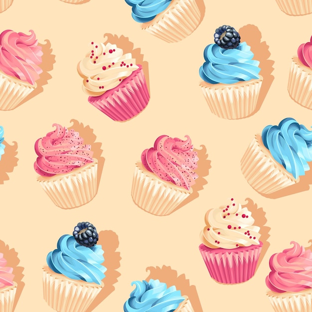 Patrón de cupcake de alto detalle de vector rosa y azul transparente