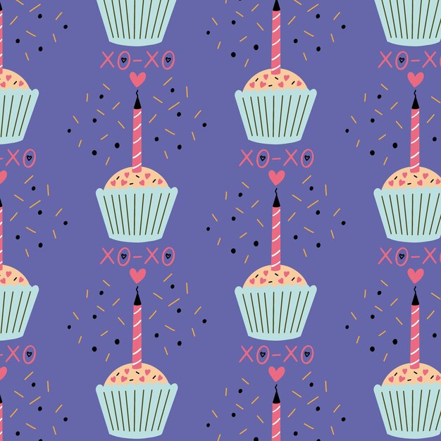 Patrón de cupcake sin costuras con una luz de vela en forma de corazón. Fondo de repetición de tela textil de papel tapiz de papel digital de San Valentín