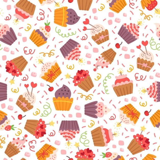 Patrón con cupcakes de dulces coloridos decorados con corazones, cerezas y estrellas