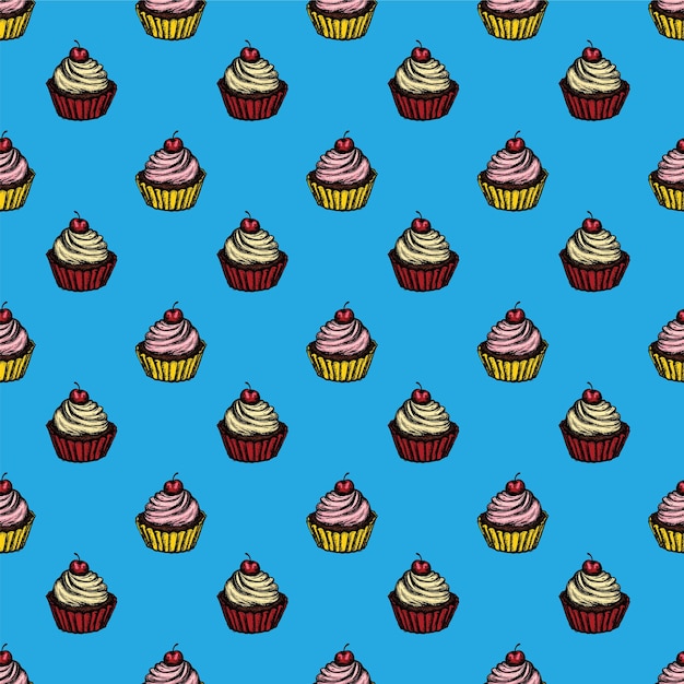 Un patrón de cupcakes sobre un fondo azul.