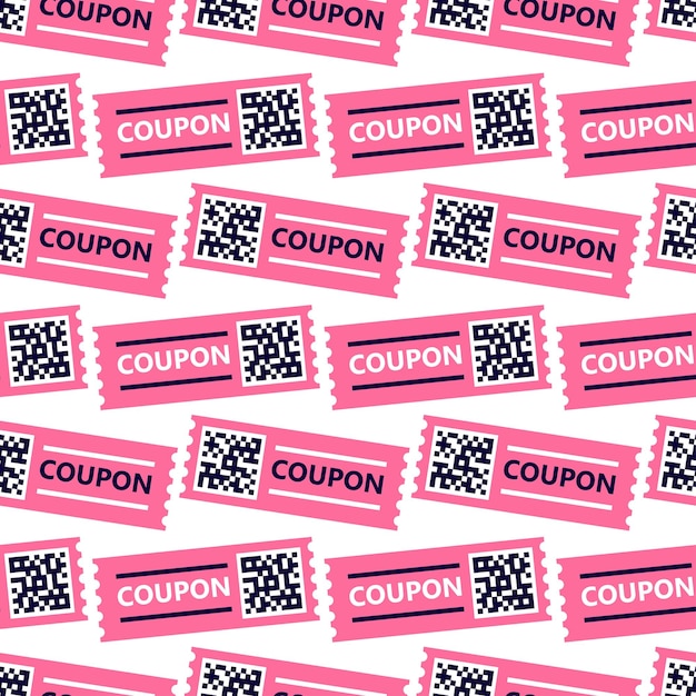 Patrón de cupones rosas con código QR sobre fondo blanco