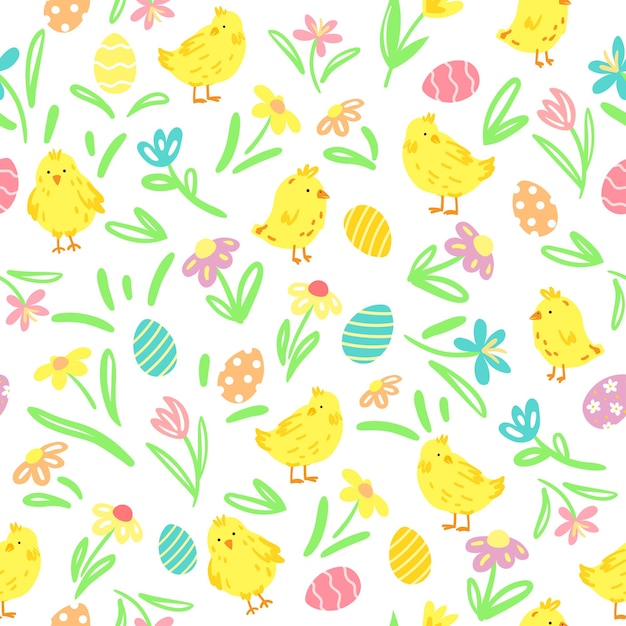 Patrón decorativo sin costuras de pascua con pollos lindos huevos de pascua y flores de primavera