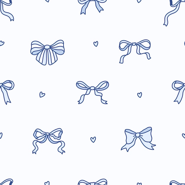 Patrón decorativo festivo de arcos azules coquetes con pequeños corazones bonitos con un fondo de cintas de moda