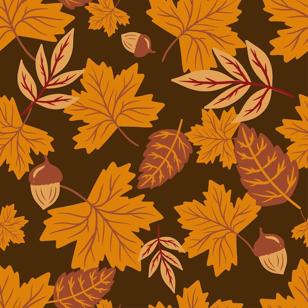 Patrón decorativo de hojas de otoño sobre un fondo oscuro
