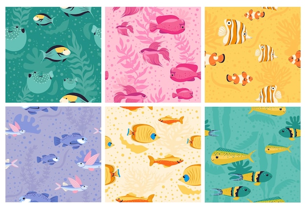 Patrón decorativo con peces marinos en el agua.