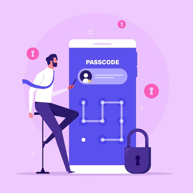 Patrón desbloquear código de acceso Ilustración concepto hombre de negocios introducir código de acceso en el teléfono inteligente