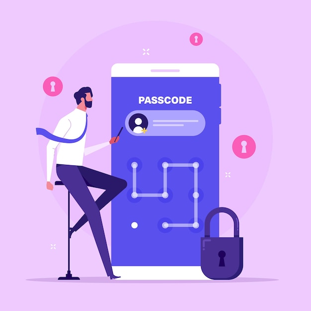 Vector patrón desbloquear código de acceso ilustración concepto hombre de negocios introducir código de acceso en el teléfono inteligente