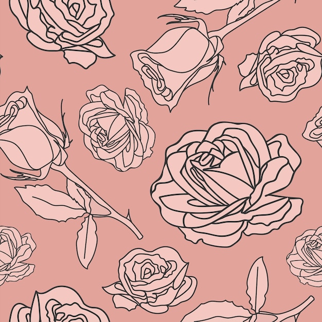 patrón detallado sin costuras de rosas y hojas delineadas en fondo rosa