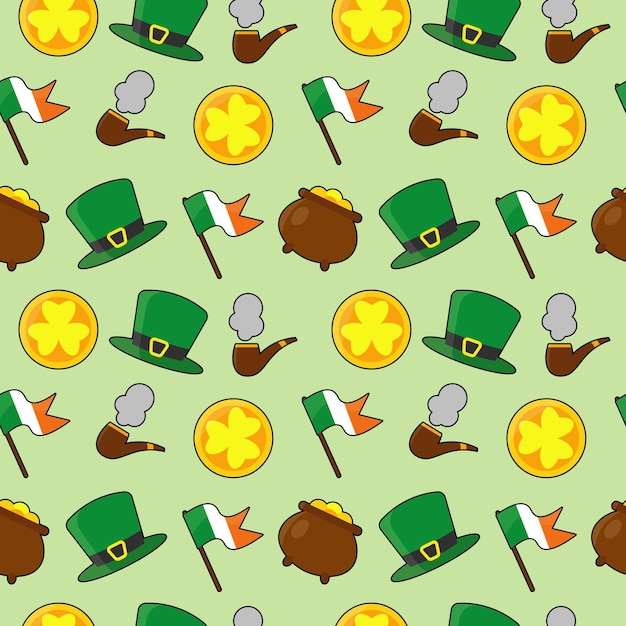 Vector patrón del día de san patricio con elementos de pipa de humo sombrero bandera moneda de oro y olla