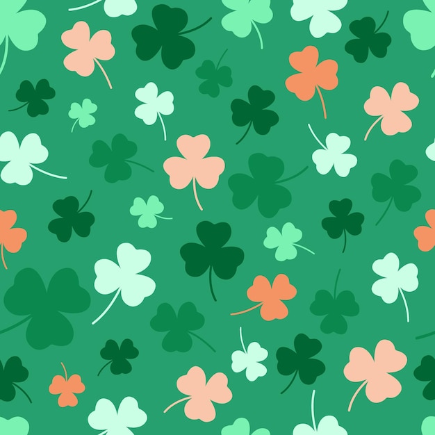 Patrón del día de San Patricio con tréboles coloridos Fondo verde transparente y hojas de trébol Fondo de fiesta de vacaciones de San Patricio Ilustración plana vectorial