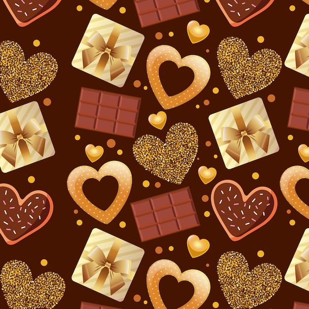 Vector patrón del día de san valentín con barras de chocolate y corazones.