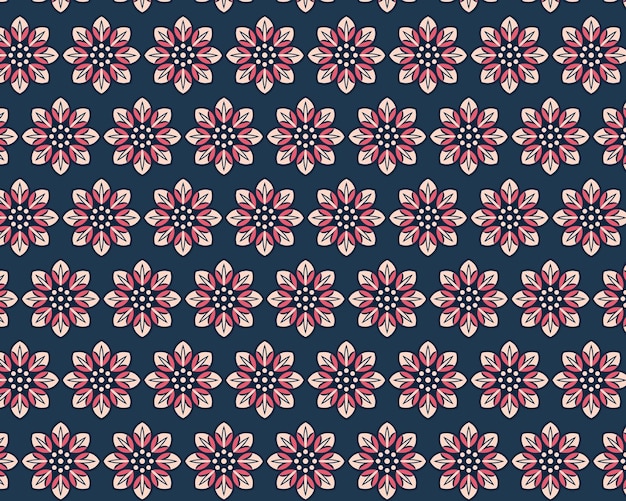 Patrón diagonal de flores estilizadas rosadas y blancas sobre un fondo azul oscuro