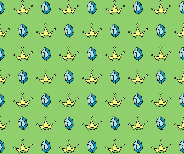 Patrón de diamantes y coronas. estilo de dibujos animados, colores brillantes. amarillo, azul, verde
