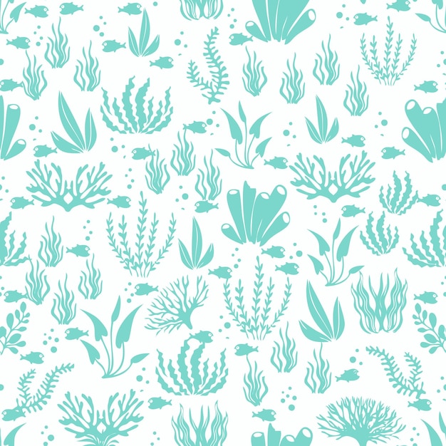 Patrón dibujado a mano sin costuras con arrecifes de coral y peces Ilustración de tosca azul vectorial en
