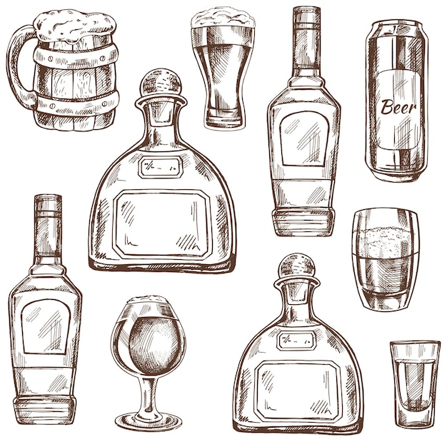 Patrón dibujado a mano sin costuras de bebidas alcohólicas Ilustración vectorial en estilo vintage