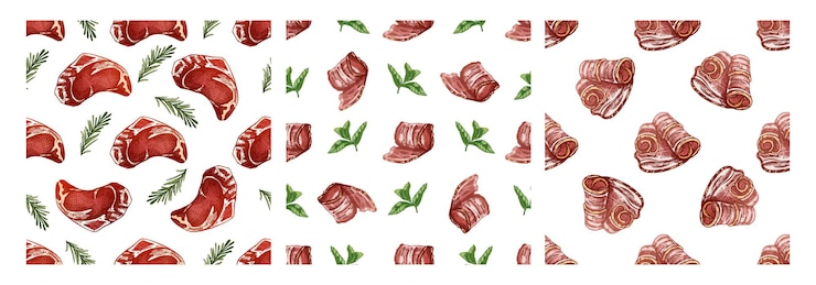 Vector patrón dibujado a mano sin costuras de cortes de carne con hierbas frescas