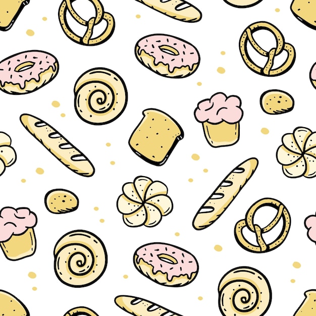 Un patrón dibujado a mano de elementos de panadería bretzel croissant pan donut baguette vector doodle sketch