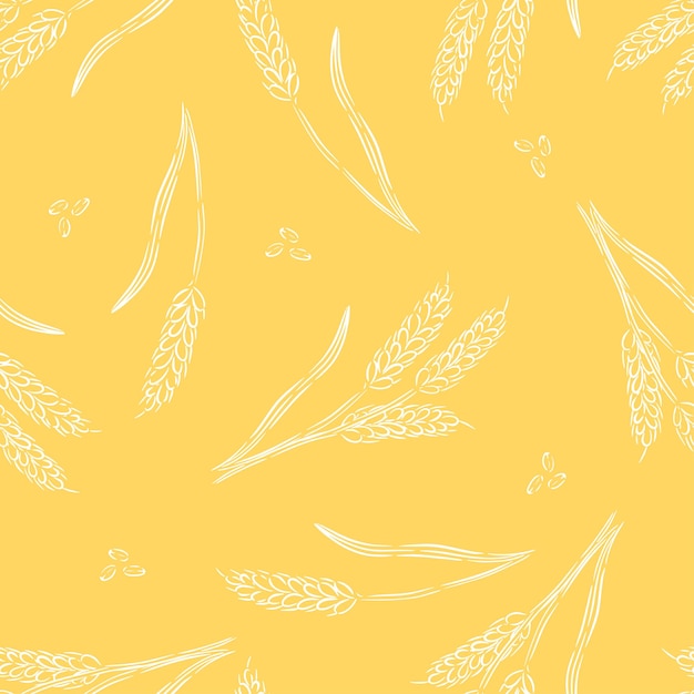 Patrón dibujado a mano de espigas y semillas de trigo sobre un fondo amarillo vibrante