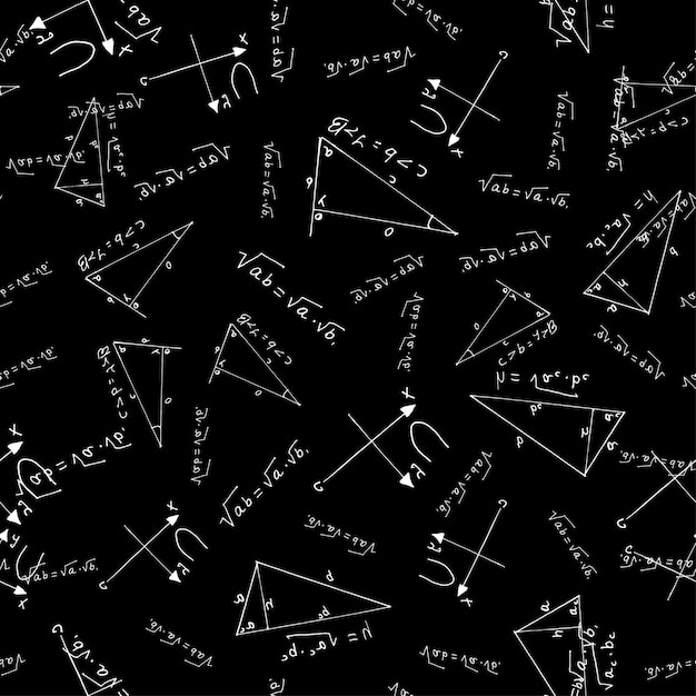 Patrón dibujado a mano de fórmulas matemáticas trigonometría álgebra ecuaciones matemáticas escolares símbolos blancos en pizarra negra