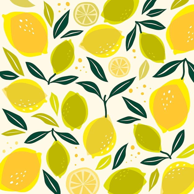Patrón dibujado a mano de limones amarillos frescos y hojas de limón verde
