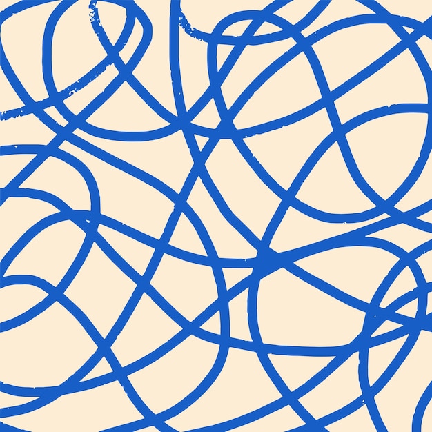 Patrón dibujado a mano líneas azules curvas líneas texturizadas de lápiz en fondo beige remolinos de garabateo