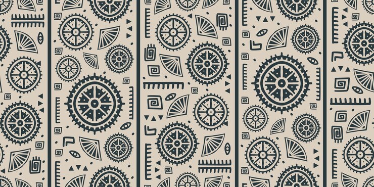 Patrón de dibujo abstracto formas geométricas tribales africanas antiguos símbolos étnicos tradicionales y signos ornamentados con motivos decorativos de batik línea de rayas dibujadas a mano Ilustración vectorial estampado textil