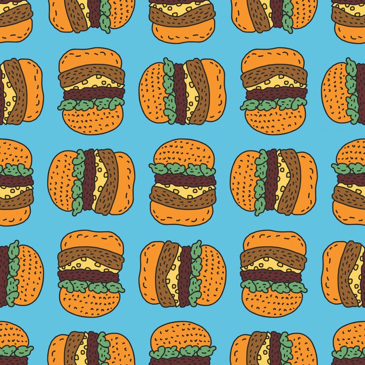 Patrón de dibujo de hamburguesa. Fondo grande del estilo de la historieta de la hamburguesa. Adorno de comida rápida