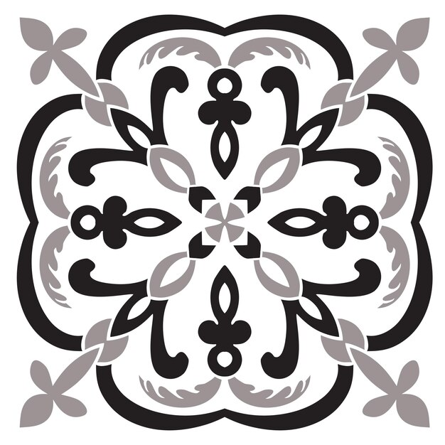 Patrón de dibujo a mano para azulejos en colores blanco y negro estilo mayólica italiana