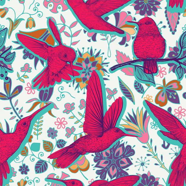 Vector patrón de dibujo vectorial con colibríes y flores diseño colorido para tela textil de cubierta de teléfono de papel de envoltura web